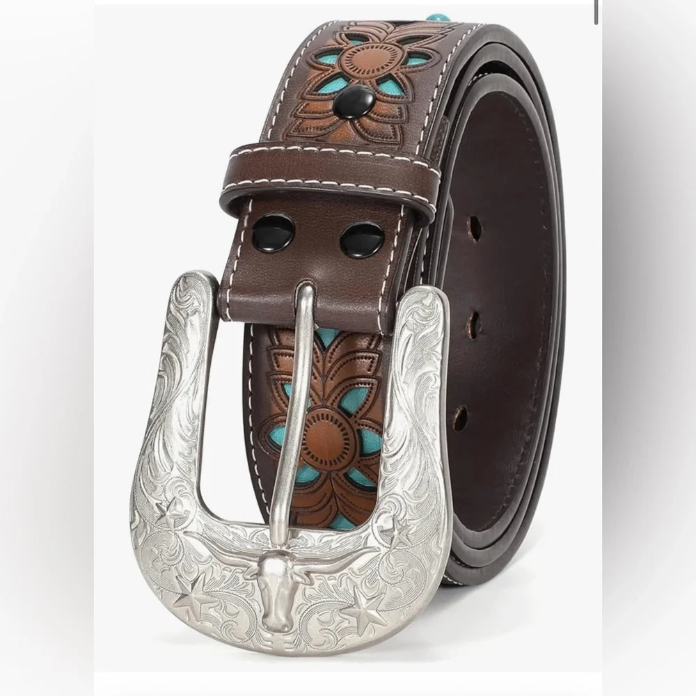 Silver Western Belt Buckle with Brown Leather Strap